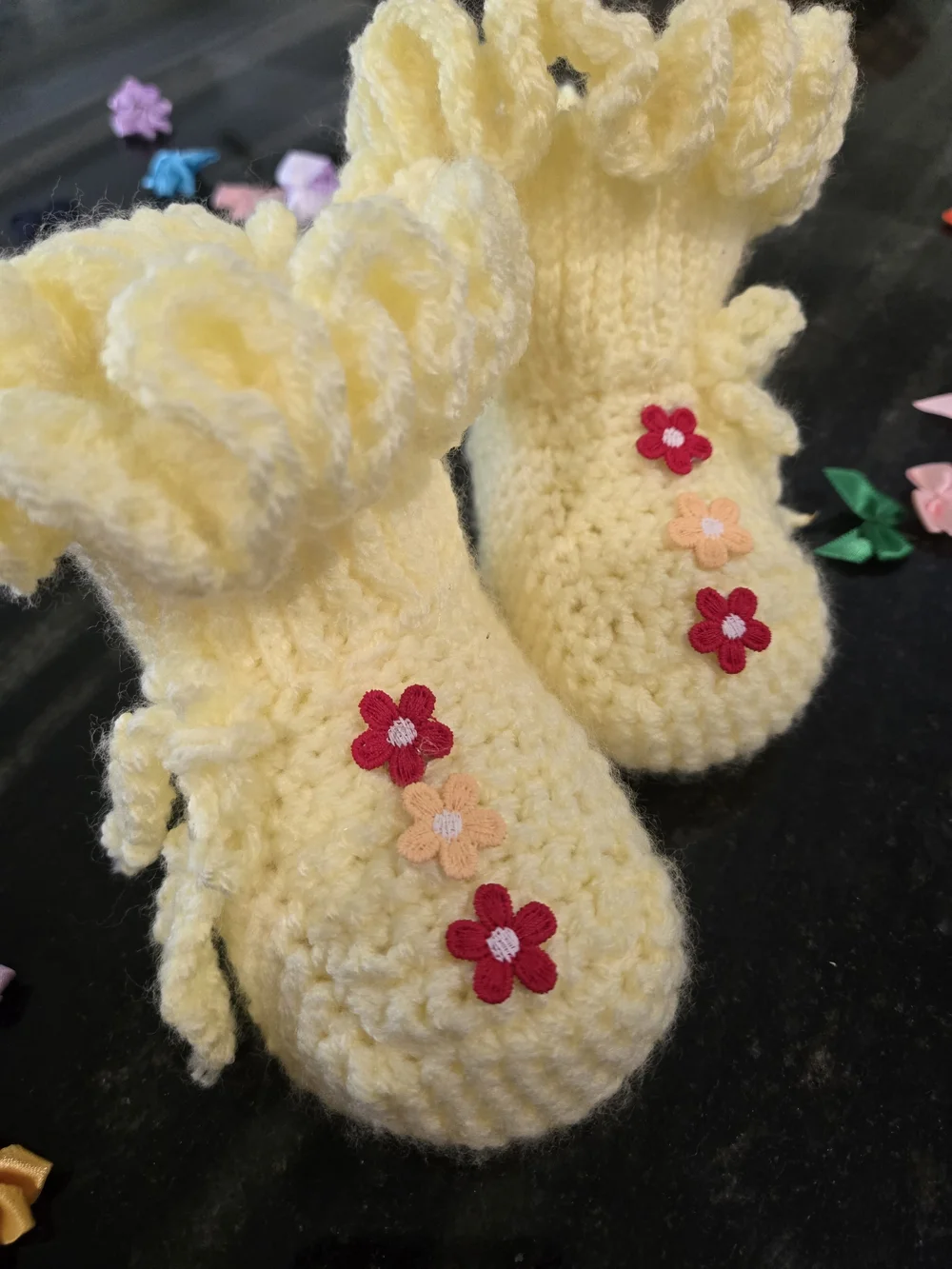 Handmade Yellow Crochet Baby Booties with Floral Appliqués